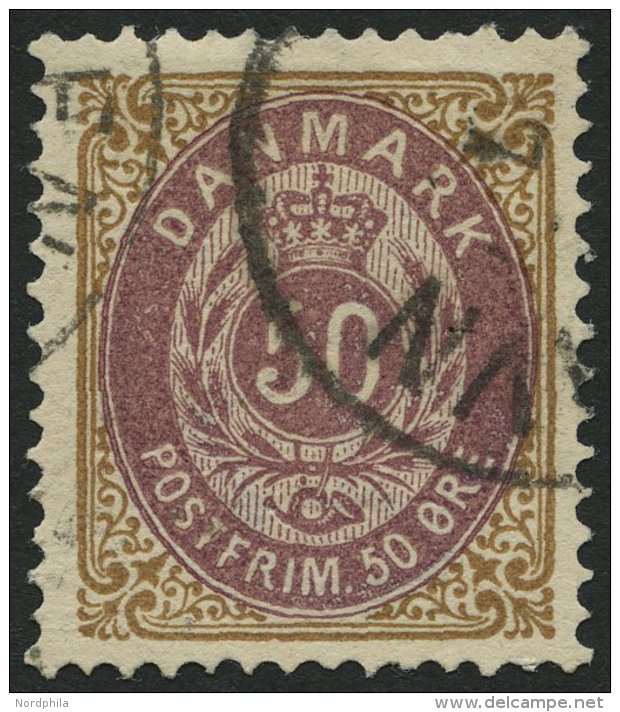 D&Auml;NEMARK 30IYAc O, 1875, 50 &Oslash; Gelbbraun/rotlila, Normaler Rahmen, Wz. 1Y, Gez&auml;hnt K 14:131/2, Pracht, M - Gebraucht