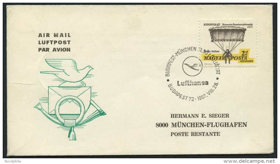 DEUTSCHE LUFTHANSA 953a BRIEF, 26.8.1967, Budapest-M&uuml;nchen, Prachtbrief - Gebraucht