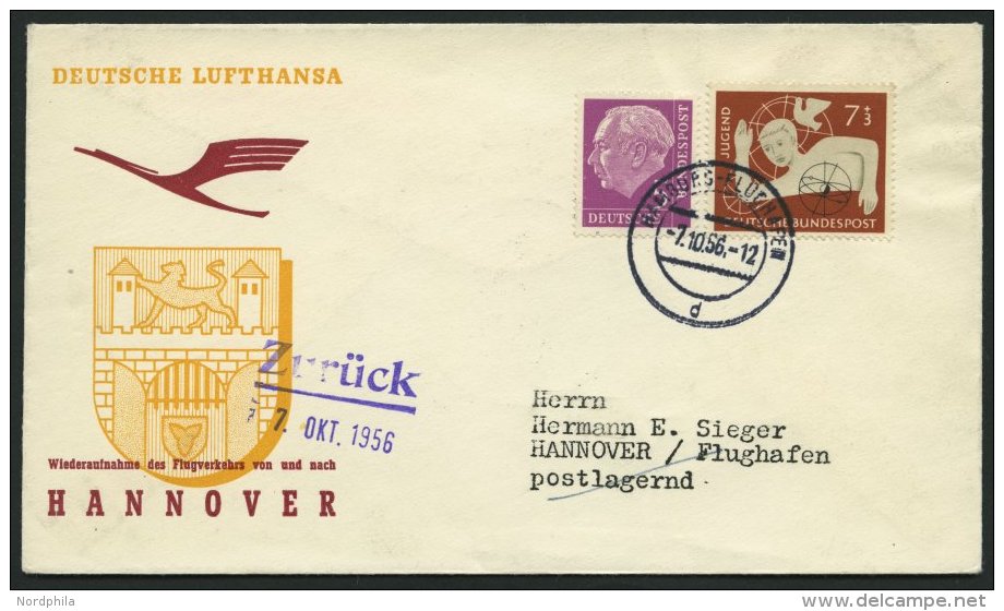 DEUTSCHE LUFTHANSA 115 BRIEF, 7.10.1956, Hamburg-Hannover, Prachtbrief - Gebraucht