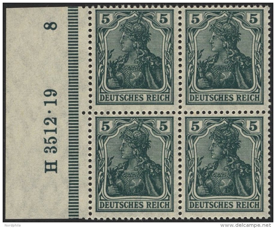 Dt. Reich 85IIe VB **, 1918, 5 Pf. Schwarzopalgr&uuml;n Kriegsdruck Im Randviererblock Mit HAN H 3512.19, Pracht, Gepr. - Used Stamps