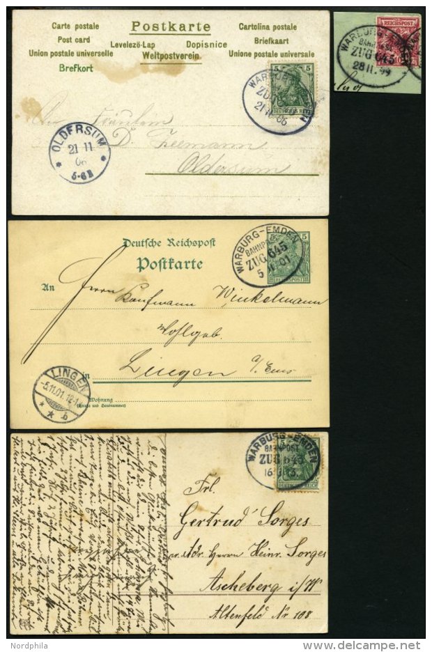 BAHNPOST Warburg-Emden (Zug 440,643 Und 645), 1901-1913, 3 Karten, Dazu Ein Briefst&uuml;ck, Feinst - Maschinenstempel (EMA)