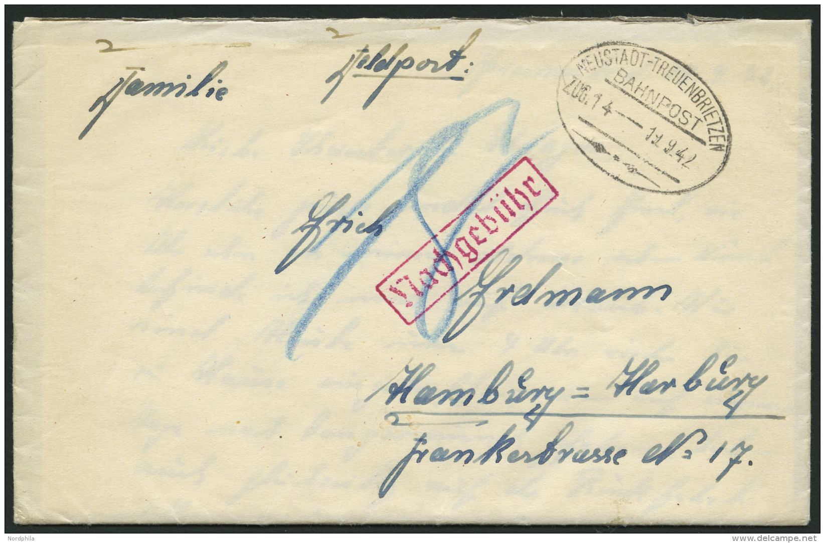 BAHNPOST Neustadt-Treuenbrietzen (Zug 14) Auf Brief Nach Hamburg-Harburg Von 1942 Mit Nachporto, Pracht - Maschinenstempel (EMA)