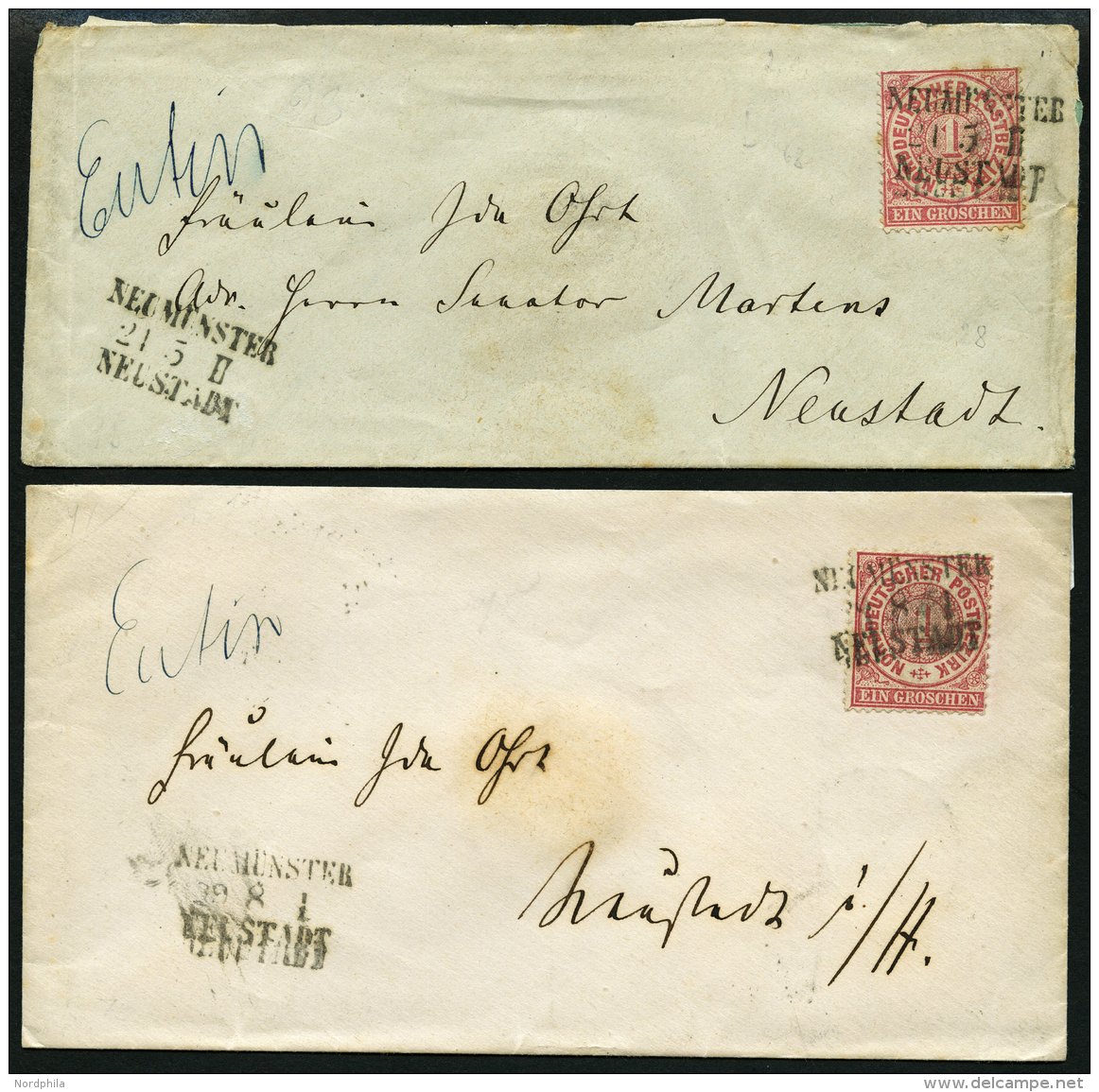 BAHNPOST NDP 16 BRIEF, Neum&uuml;nster-Neustadt, L3 Und Handschriftlich EUTIN Auf 2 Briefen Mit 1 Gr. Karmin Von 1868 Un - Maschinenstempel (EMA)