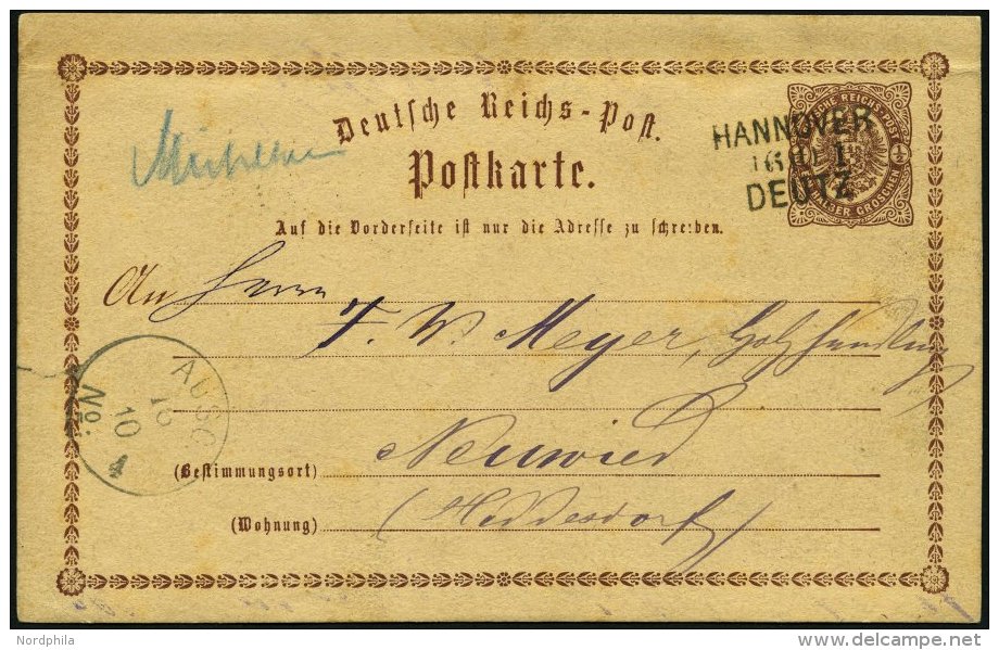 BAHNPOST DR P 1 BRIEF, Hannover-Deutz, L3 Und Handschriftlich M&Uuml;HLHEIM Auf 1/2 Gr. Ganzsachenkarte Von 1875, Feinst - Maschinenstempel (EMA)