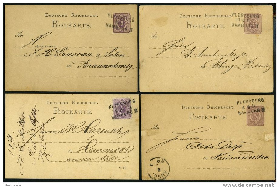 BAHNPOST DR 32 BRIEF, Flensburg-Hamburg, L3, 1877-1880, Auf Drei 5 Pfe. Ganzsachenkarten Und Einer Karte Mit 5 Pfe. Grau - Maschinenstempel (EMA)