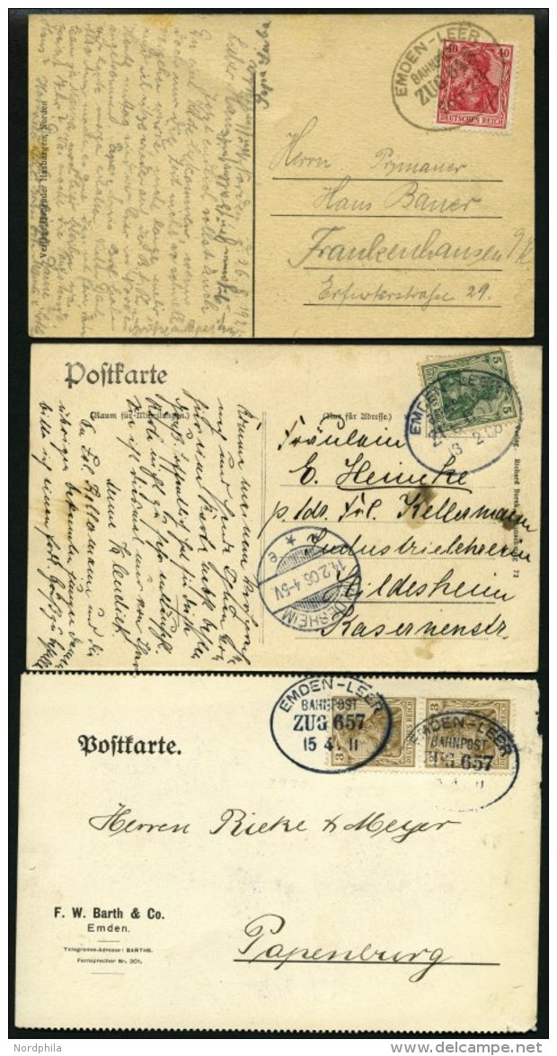 BAHNPOST Emden-Leer (Zug 643 Und 2x 657), 1906-1921, 3 Karten Feinst/Pracht - Maschinenstempel (EMA)