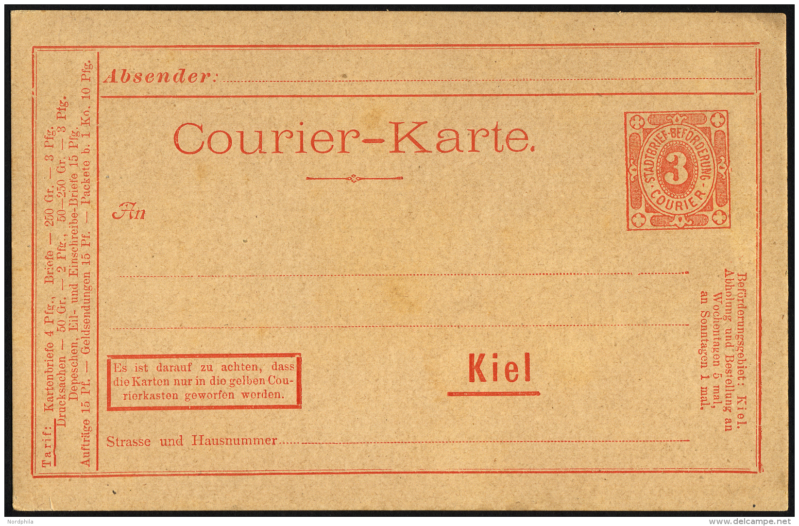 KIEL A P 8 BRIEF, COURIER: 1897, 3 Pf. Rot, Mit Rahmen, Ungebraucht, Prachtkarte - Privatpost