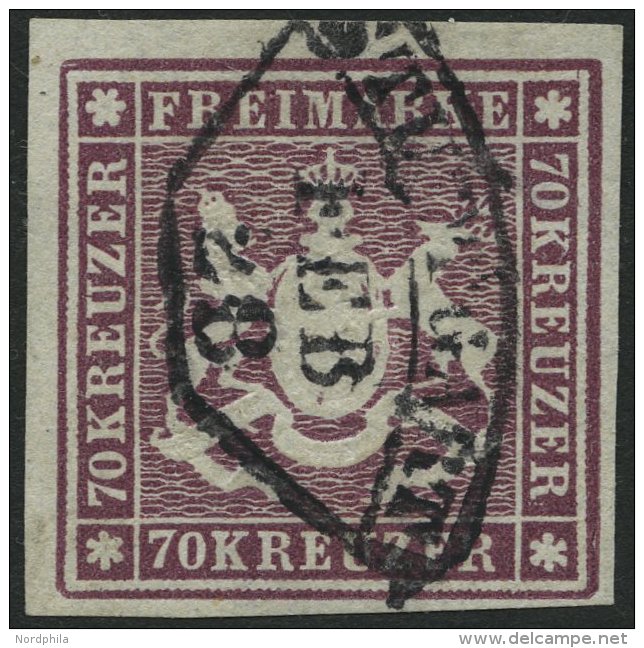 W&Uuml;RTTEMBERG 42a O, 1873, 70 Kr. Braunlila, Feld 6, Schwarzer F&auml;cherstempel STUTTGART, Farbfrisches Prachtst&uu - Other & Unclassified