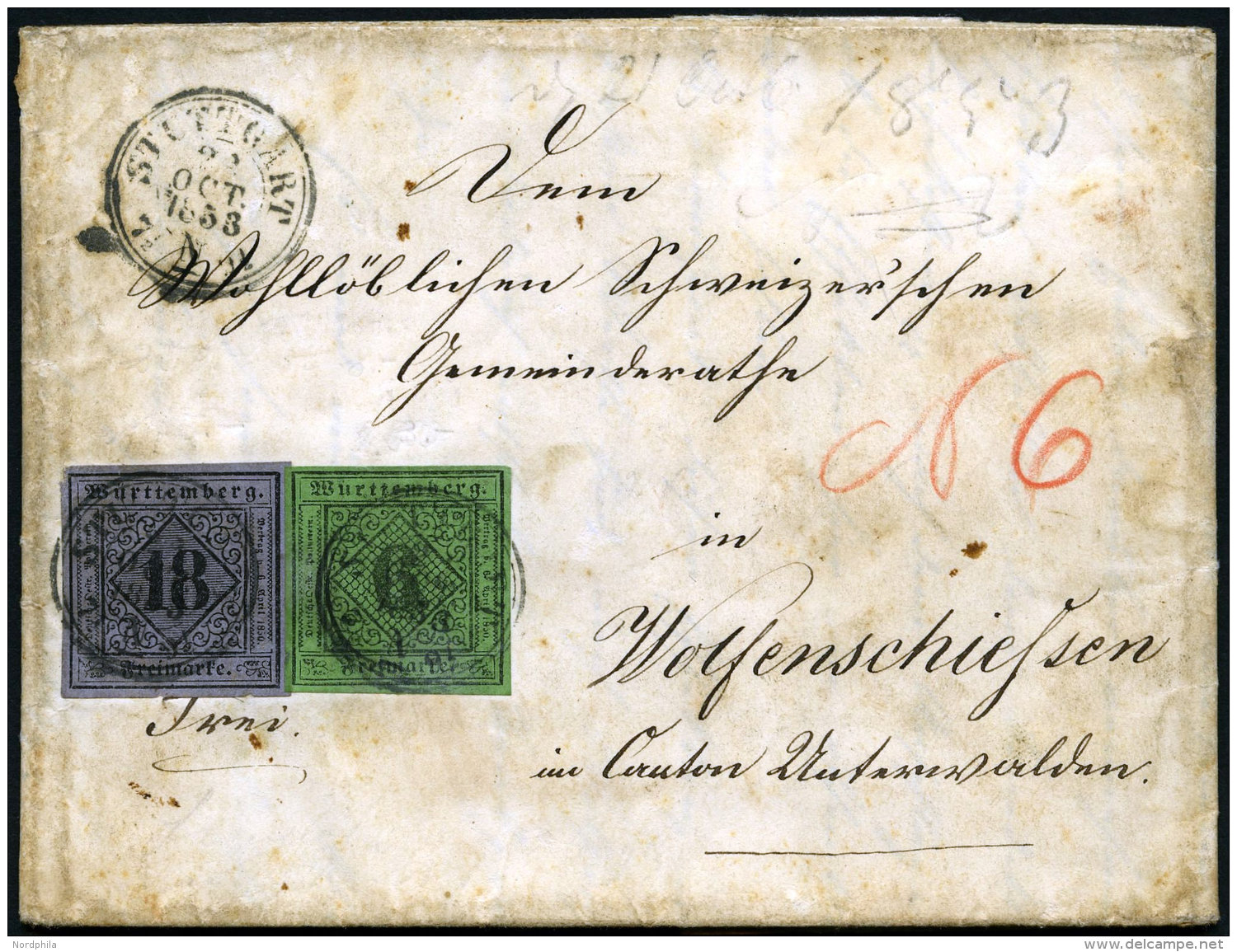 W&Uuml;RTTEMBERG 3a,5II BRIEF, 1853, 18 Kr. Schwarz Auf Violettgrau, Type II Und 6 Kr. Gr&uuml;n Auf Brief Von STUTTGART - Sonstige & Ohne Zuordnung