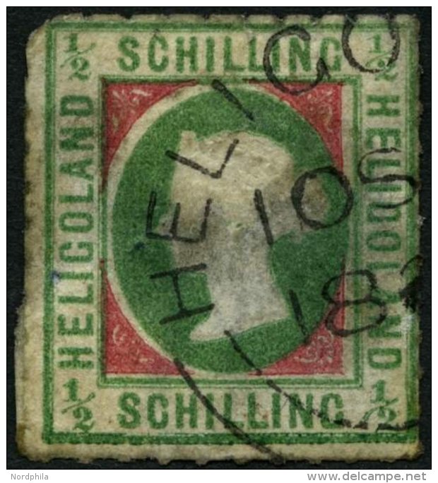 HELGOLAND 1II O, 1867, 1/2 S. Bl&auml;ulichgr&uuml;n/r&ouml;tlichkarmin, Type II, Rundstempel, Starke M&auml;ngel, Fein, - Helgoland