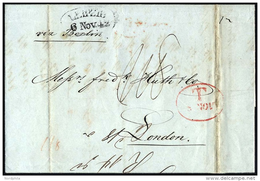 HAMBURG 1842, T 8 NOV, Rote Sonderform Auf Brief Von Leipzig (Sonderform) Via Berlin Nach London, R&uuml;ckseitiger Durc - Vorphilatelie