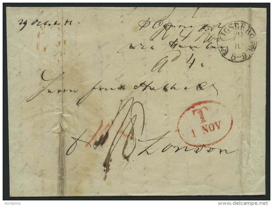 HAMBURG 1842, T 1 NOV, Rote Sonderform Auf Brief Von K&ouml;nigsberg (K1) Nach London, Feinst (Reg.-b&uuml;ge) - Prephilately