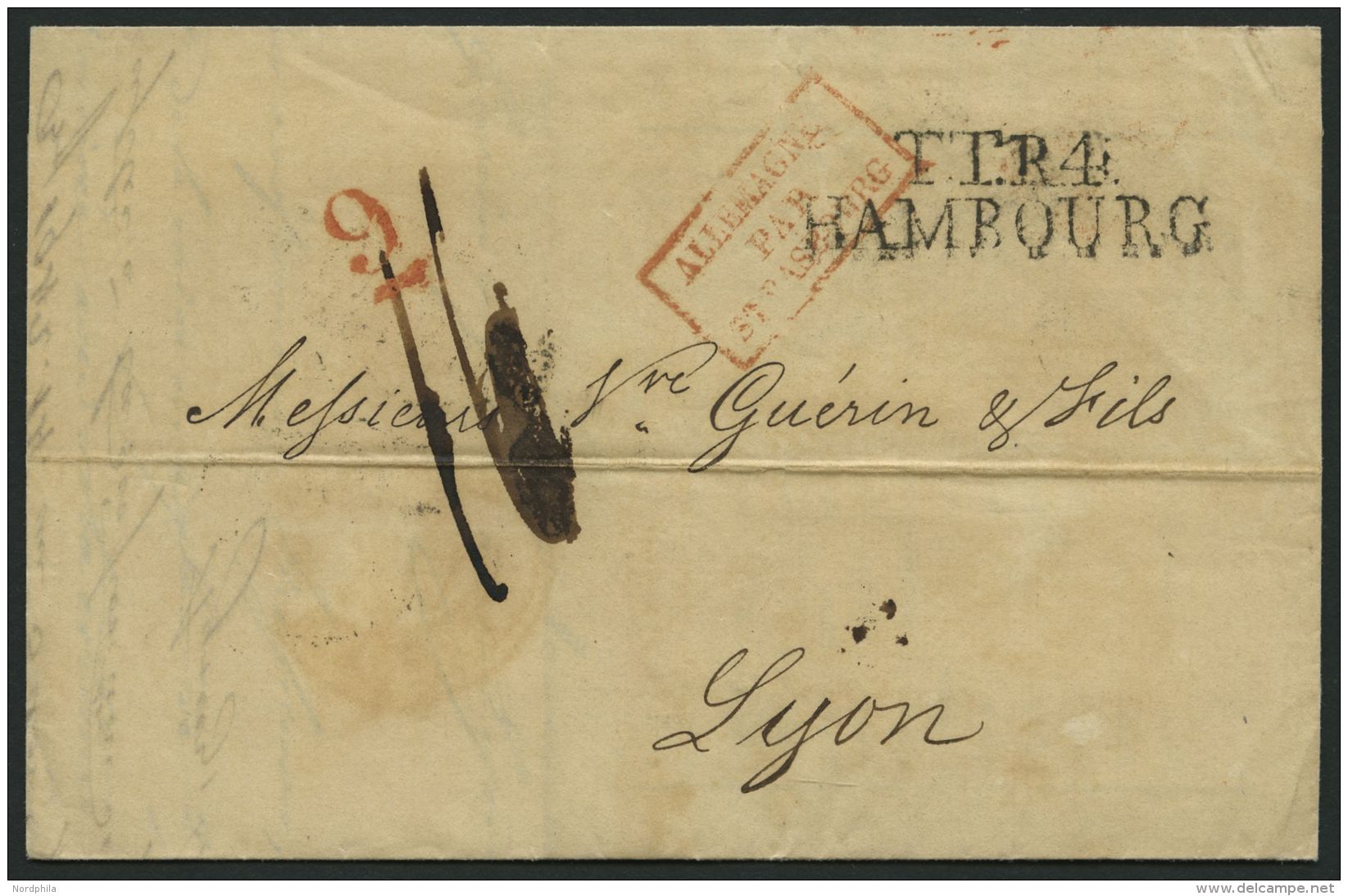 HAMBURG - THURN UND TAXISCHES O.P.A. 1838, TT.R.4 HAMBOURG, L2 Auf Brief Nach Lyon, Rote Unterstrichene 9 Und R3 ALLEMAG - Vorphilatelie