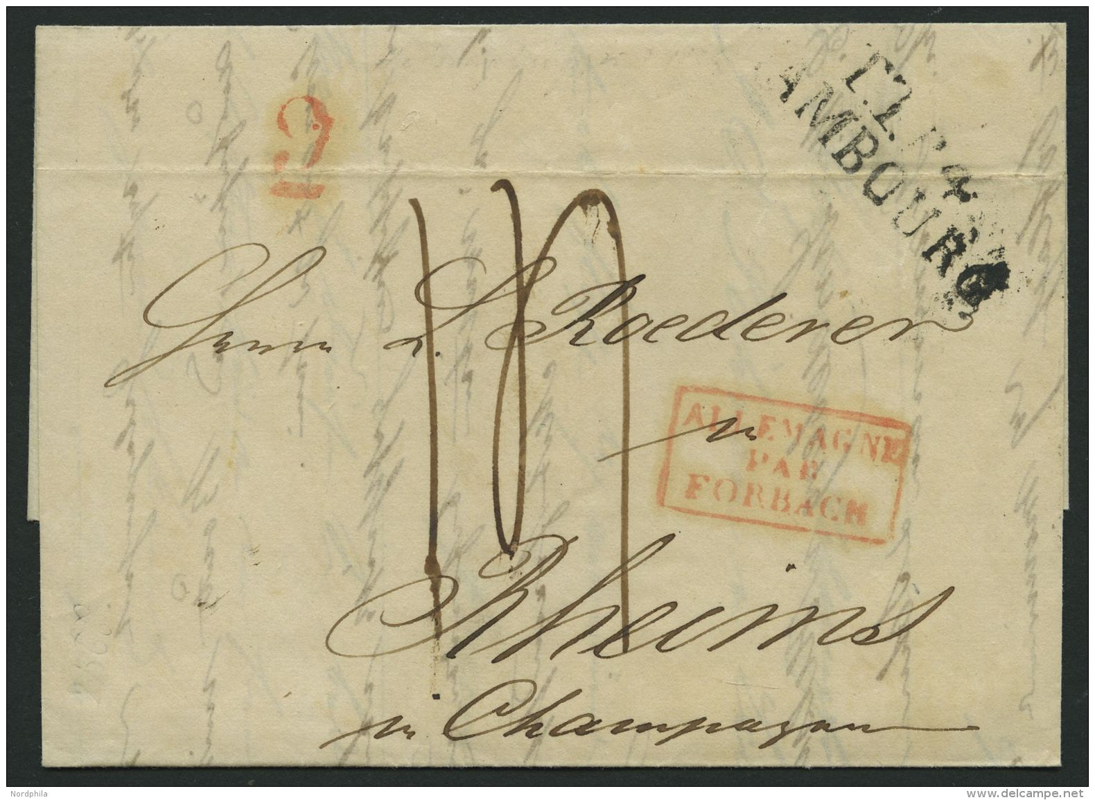 HAMBURG - THURN UND TAXISCHES O.P.A. 1836, TT.R.4. HAMBOURG, L2 Auf Forwarded-Letter Von Helsingsborg Nach Rheims, Roter - Vorphilatelie