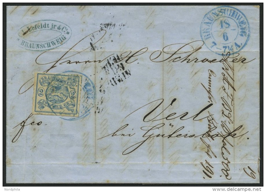 BRAUNSCHWEIG 2 BRIEF, 1852, 2 Sgr. Lebhaftpreu&szlig;ischblau Mit Blauem K2 BRAUNSCHWEIG, Breitrandiges Prachtst&uuml;ck - Brunswick