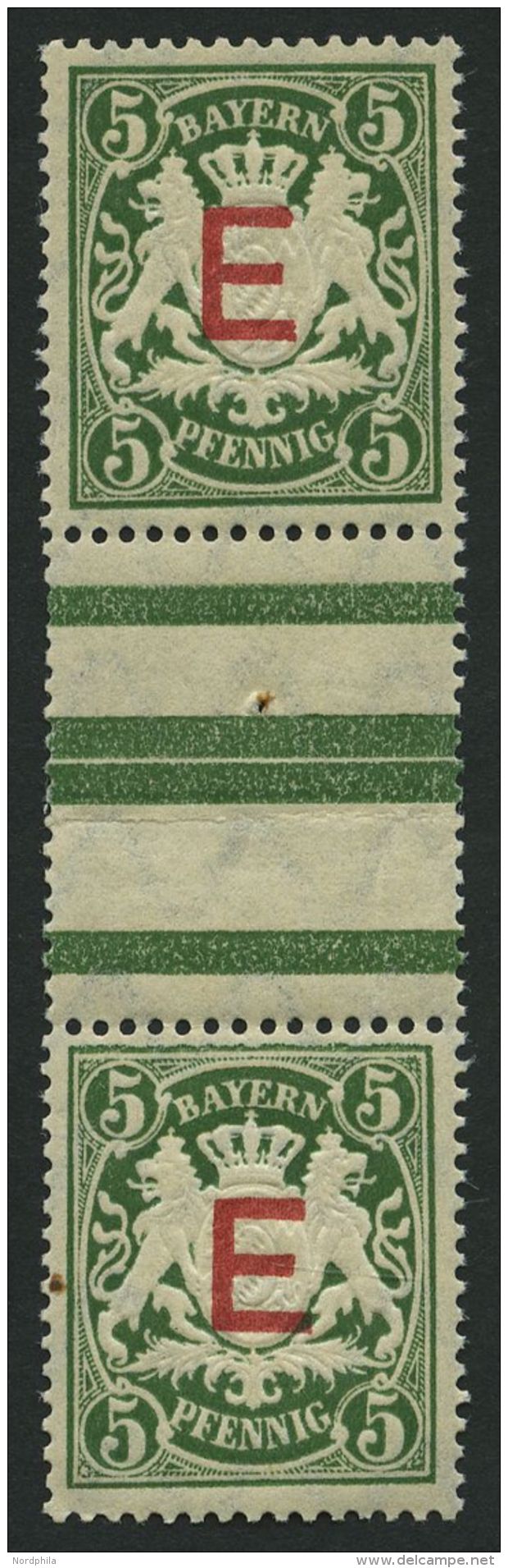 BAYERN D 2ZSIII **, 1908, 5 Pf. Dunkelgr&uuml;n Im Senkrechten Zwischenstegpaar (dort Wie &uuml;blich 1x Gefaltet), &uum - Sonstige & Ohne Zuordnung