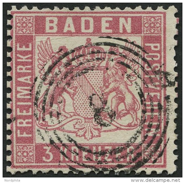 BADEN 16 O, 1862, 3 Kr. Rosakarmin, Nummernstempel 8, Kleine Kratzspur Sonst Pracht, Mi. 380.- - Other & Unclassified