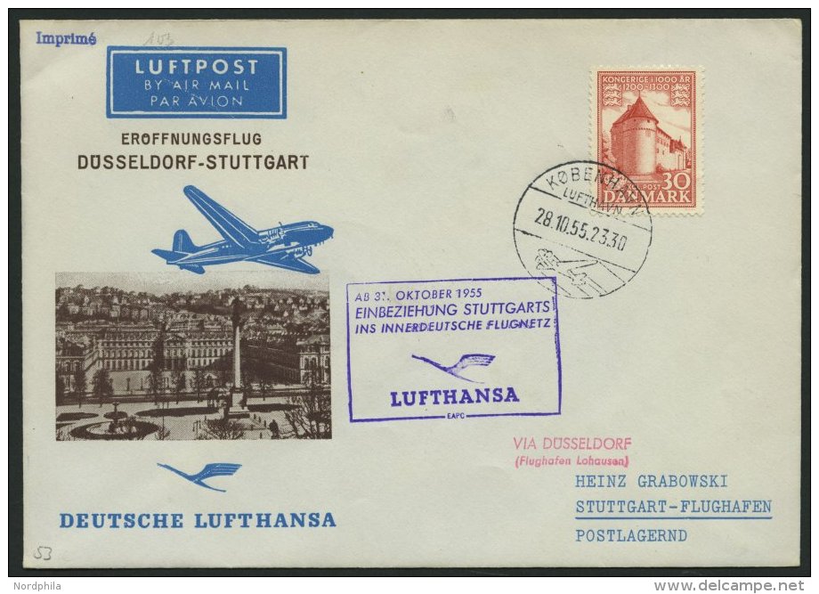 DEUTSCHE LUFTHANSA 53 BRIEF, 31.10.1955, D&uuml;sseldorf-Stuttgart, Brief Ab D&auml;nemark Mit Mi.Nr. 347, Pracht - Gebraucht