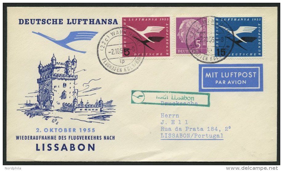 DEUTSCHE LUFTHANSA 45 BRIEF, 2.10.1955, K&ouml;ln/Wahn-Lissabon, Prachtbrief - Gebraucht