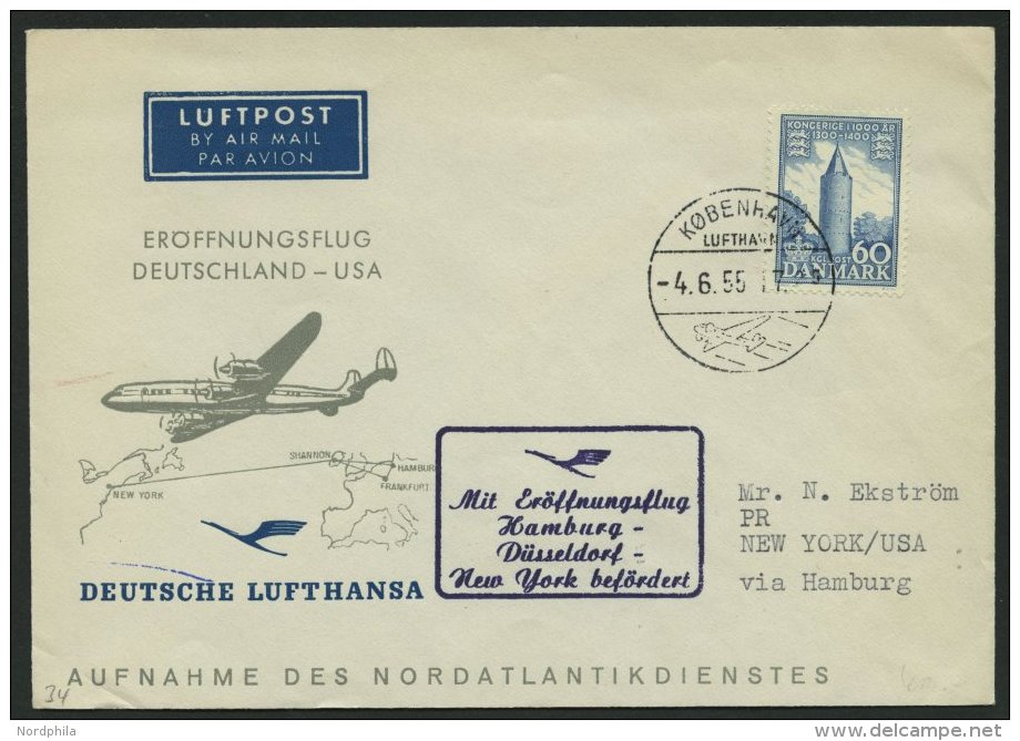 DEUTSCHE LUFTHANSA 34 BRIEF, 8.6.1955, Hamburg-D&uuml;sseldorf-New York, Brief Ab D&auml;nemark Mit Mi.Nr. 348, Pracht - Gebraucht