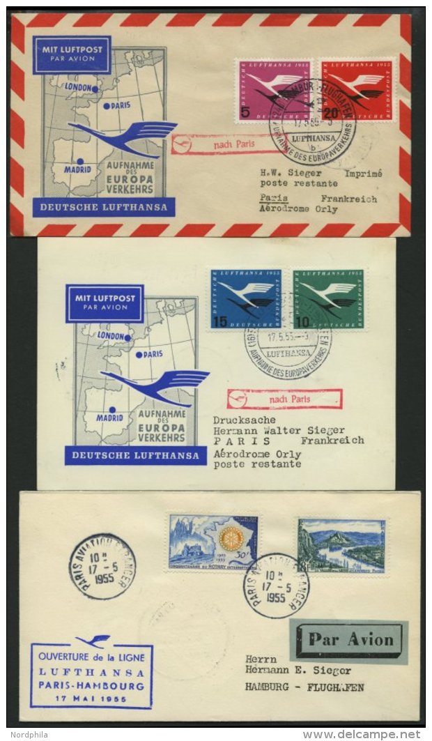 DEUTSCHE LUFTHANSA 31-33 BRIEF, 17.5.1955, Aufnahme Des Europaverkehrs Nach Paris Mit Convair CV-340, Alle 3 Fl&uuml;ge, - Sonstige & Ohne Zuordnung