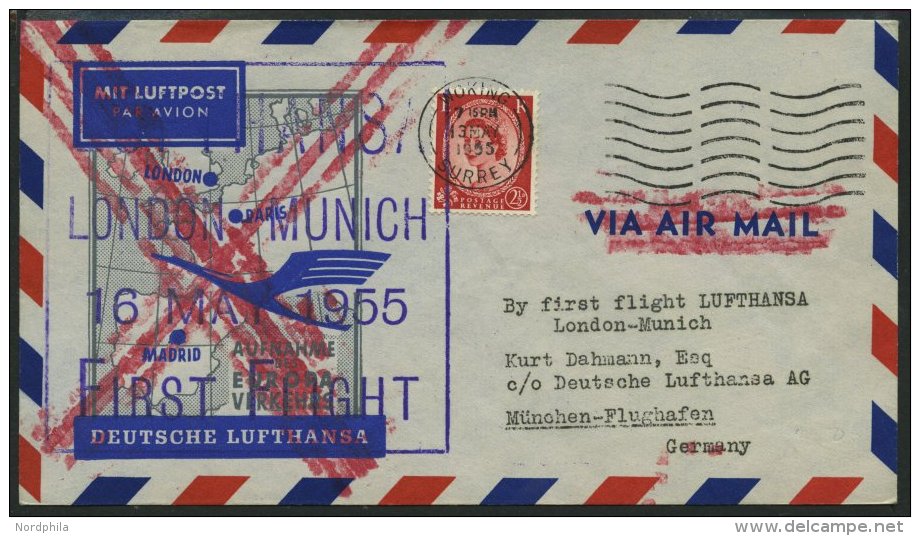 DEUTSCHE LUFTHANSA 29 BRIEF, 16.5.1955, London-M&uuml;nchen, Ohne Ankunftsstempel, Prachtbrief - Gebraucht