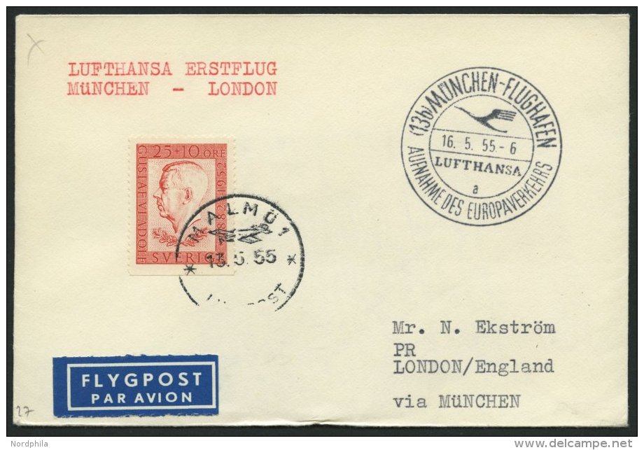 DEUTSCHE LUFTHANSA 27 BRIEF, 16.5.1955, M&uuml;nchen-London, Brief Aus Schweden, Pracht - Gebraucht
