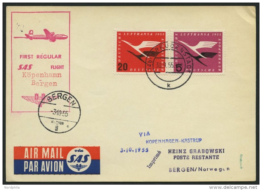 ERST-UND ER&Ouml;FFNUNGSFL&Uuml;GE 2508 BRIEF, 30.9.55, Kopenhagen-Bergen, SAS-Erstflug, Auflieferung Freudenstadt, Prac - Covers & Documents