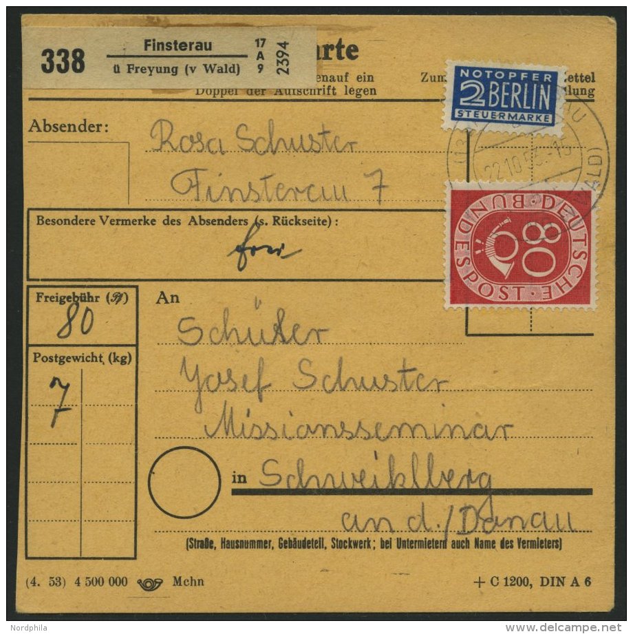 BUNDESREPUBLIK 137 BRIEF, 1954, 80 Pf. Posthorn, Einzelfrankatur Auf Paketkarte Aus FINSTERAU, Pracht - Gebraucht