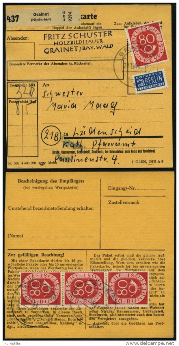 BUNDESREPUBLIK 137 BRIEF, 1953, 80 Pf. Posthorn, 4x Als Seltene Mehrfachfrankatur (1x Vorderseitig Und R&uuml;ckseitiger - Gebraucht