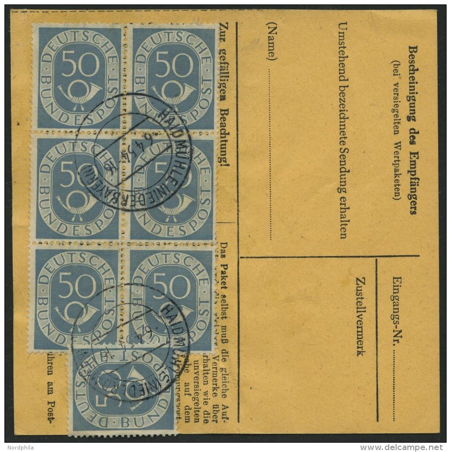 BUNDESREPUBLIK 134 BRIEF, 1954, 50 Pf. Posthorn Im Sechserblock R&uuml;ckseitig Mit 70 Pf. Zusatzfrankatur Auf Paketkart - Gebraucht