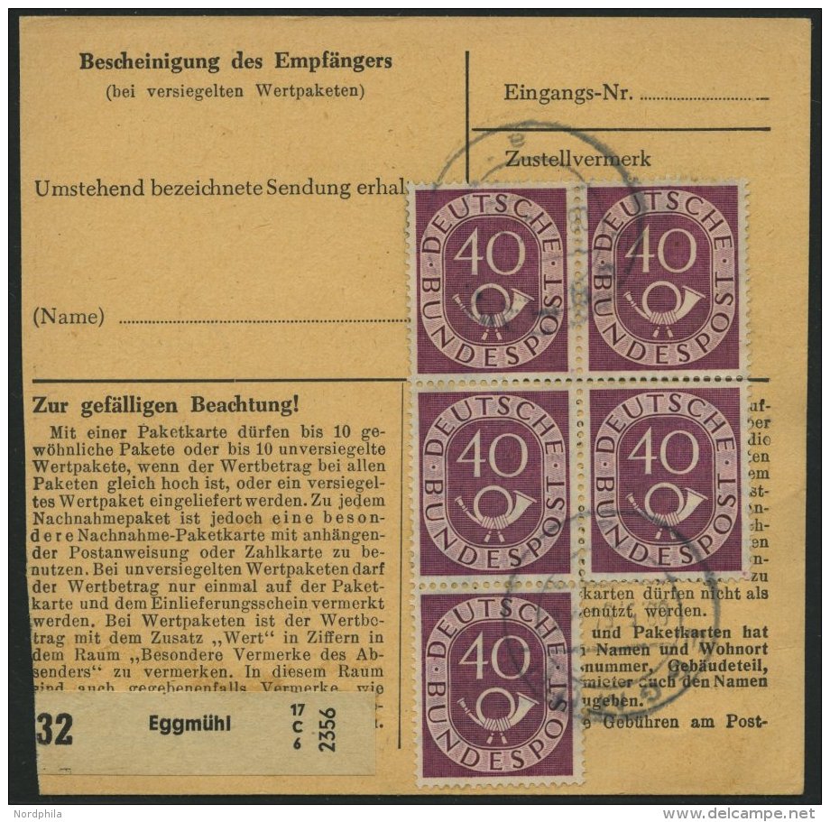 BUNDESREPUBLIK 133 BRIEF, 1954, 40 Pf. Posthorn Im F&uuml;nferblock R&uuml;ckseitig Mit 20 Pf. Zusatzfrankatur Auf Paket - Gebraucht