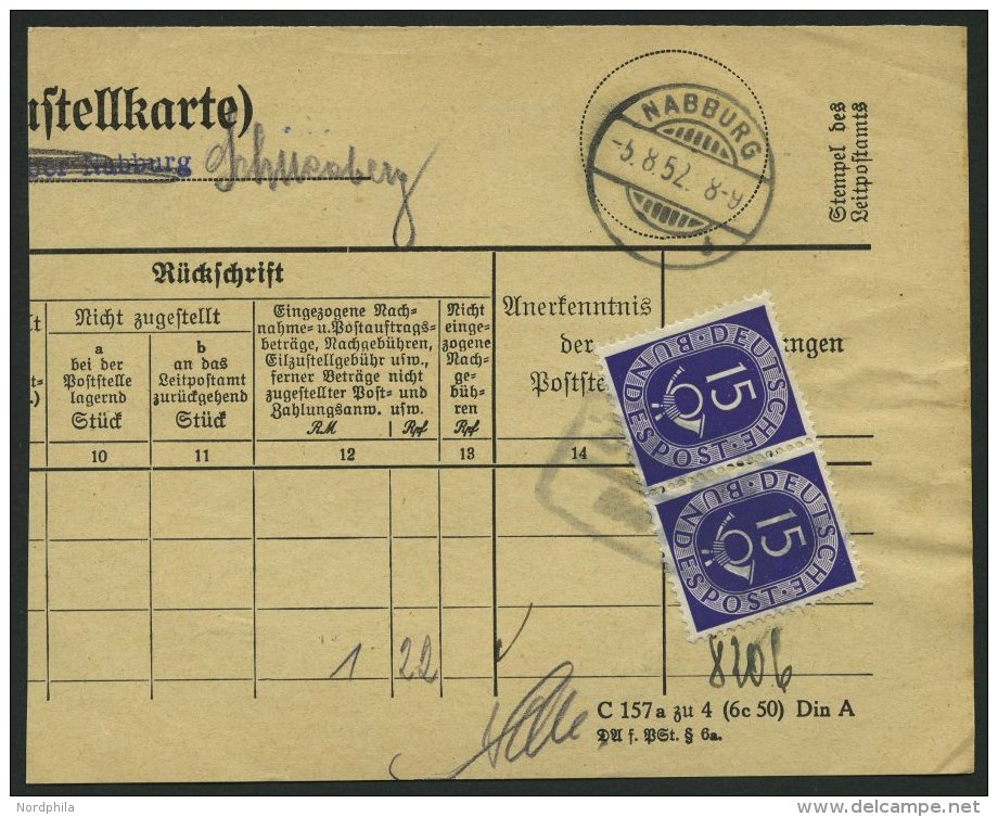 BUNDESREPUBLIK 129 Paar BrfStk, 1952, 15 Pf. Posthorn Im Waagerechten Paar (rechte Marke Abart 129I) Auf Zustellkarte (n - Gebraucht