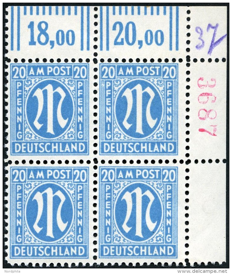 AMERIK. U. BRITISCHE ZONE 26Cr4 VB **, 1945, 20 Pf. Preu&szlig;ischblau, Gez&auml;hnt L 111/2:11, Im Viererblock, Mit Ro - Autres & Non Classés