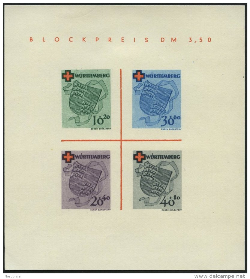 W&Uuml;RTTEMBERG Bl. 1I/III (*), 1949, Block Rotes Kreuz, Type III: Zwei Blaue Schr&auml;glinien Rechts Von Der 30, Fein - Sonstige & Ohne Zuordnung