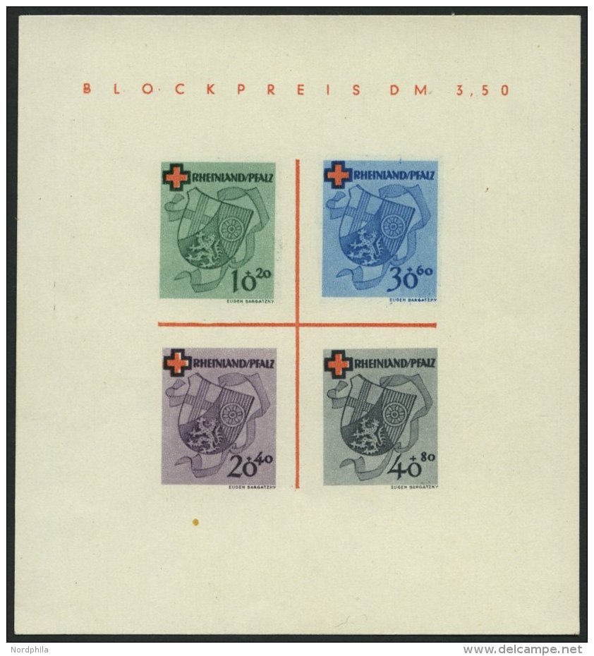 RHEINLAND PFALZ Bl. 1I/V (*), 1949, Block Rotes Kreuz, Type V: Roter Querbalken Des B In Blockpreis Verdickt, Pracht, Mi - Sonstige & Ohne Zuordnung
