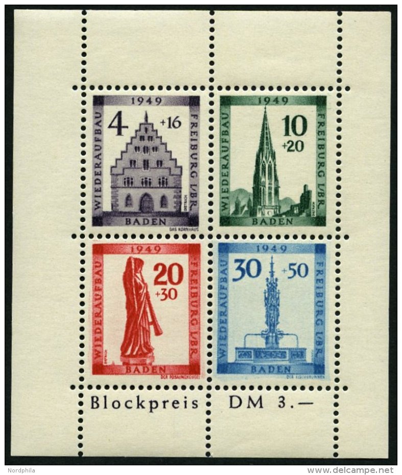 BADEN Bl. 1AI **, 1949, Block Freiburg, Gez&auml;hnt, Mit Abart Sirene Neben Sockel Des Engels, Pracht, Mi. 300.- - Sonstige & Ohne Zuordnung