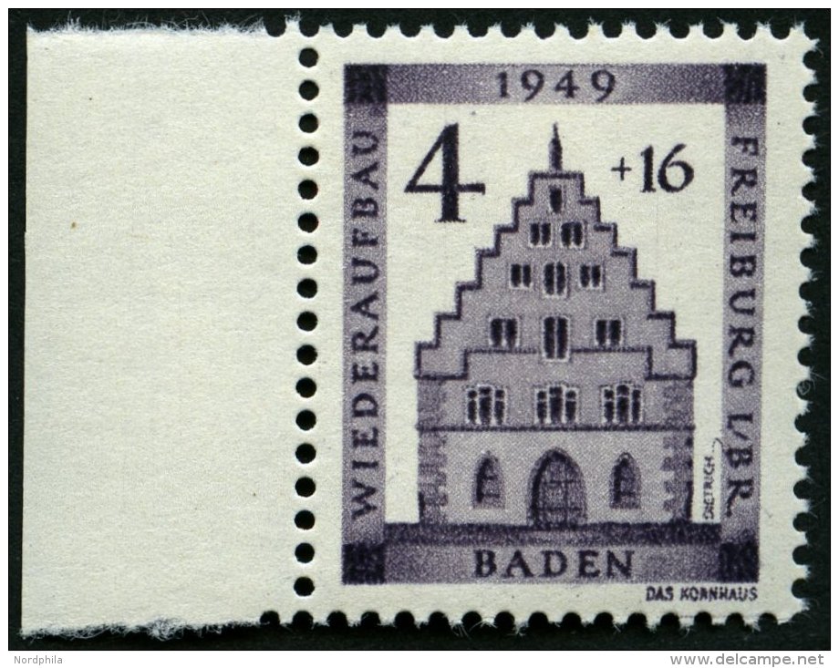 BADEN 38AIV **, 1949, 4 Pf. Freiburg, Gez&auml;hnt, Type IV: Mit Schleife Links Unten Am B Von I./BR., Pracht, Mi. 80.- - Sonstige & Ohne Zuordnung