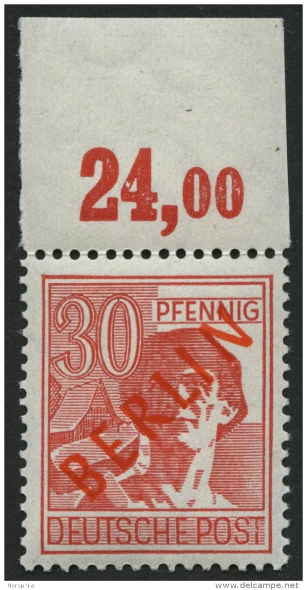 BERLIN 28POR **, 1949, 30 Pf. Rotaufdruck, Plattendruck, Oberrandst&uuml;ck, Nicht Duchgez&auml;hnt, Pracht, Gepr. D. Sc - Gebraucht