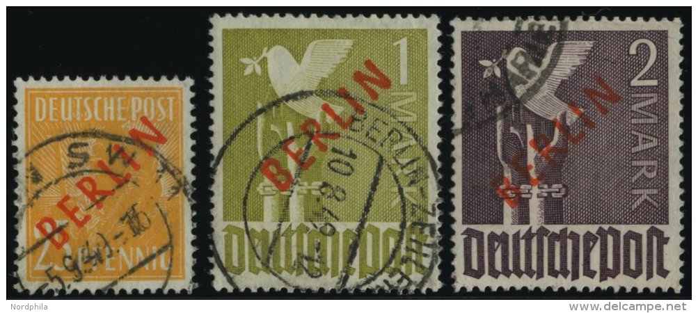 BERLIN 27,33/4 O, 1949, 25 Pf., 1 Und 2 M. Rotaufdruck, 3 Werte &uuml;blich Gez&auml;hnt Pracht, Gepr. Schlegel, Mi. 885 - Gebraucht