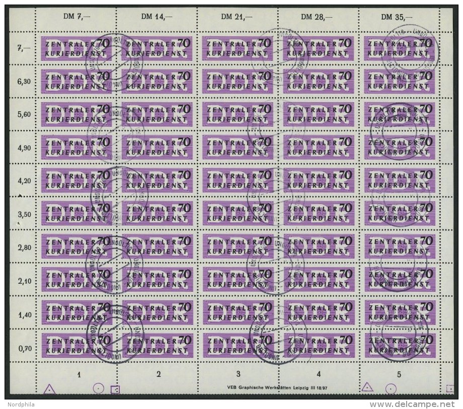 DIENSTMARKEN B D 9 O, 1956, 70 Pf. ZKD Im Vollst&auml;ndigen Bogen (50) Mit Druckvermerk Und Abart 9I, Stempel Ung&uuml; - Sonstige & Ohne Zuordnung