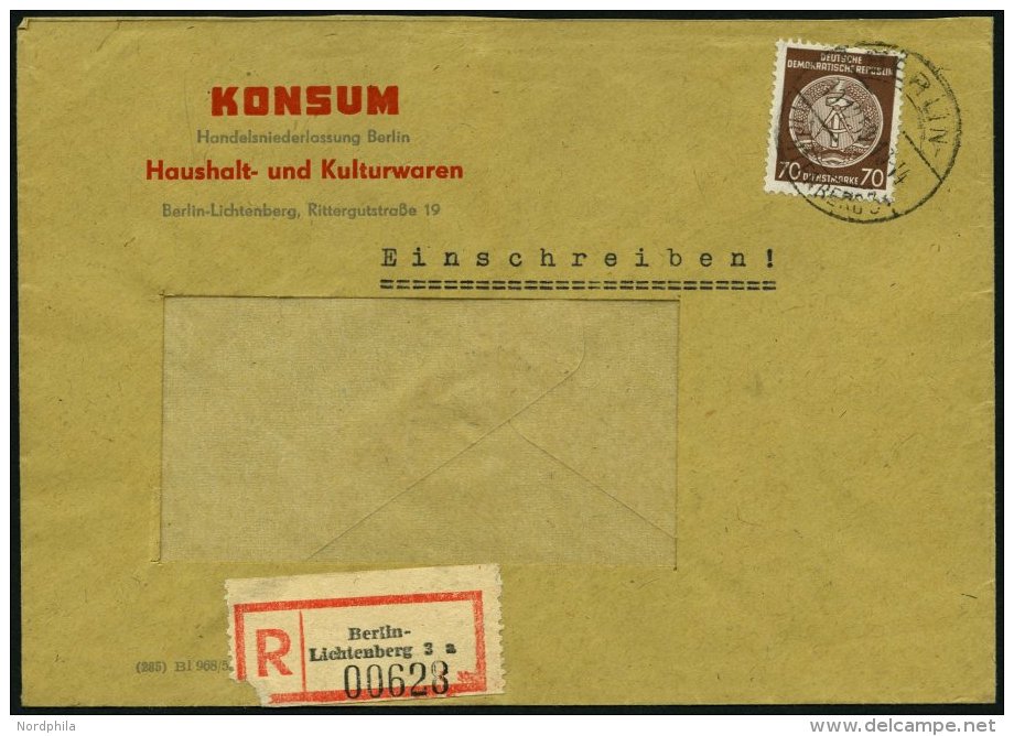 DIENSTMARKEN A D 41 BRIEF, 1958, 70 Pf. R&ouml;tlichbraun, Wz. 3, Fensterumschlag, Einschreibbrief, Pracht - Sonstige & Ohne Zuordnung