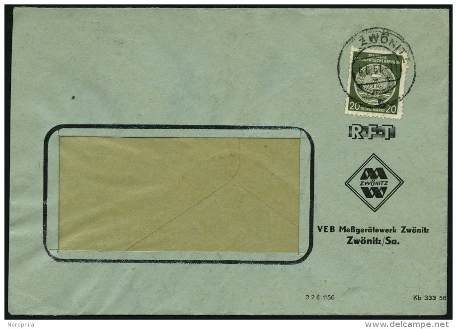 DIENSTMARKEN A D 32IXI BRIEF, 1956, 20 Pf. Schwarzgelboliv, Faserpapier, Type I, Wz. XI, Einzelfrankatur Auf Fensterumsc - Sonstige & Ohne Zuordnung