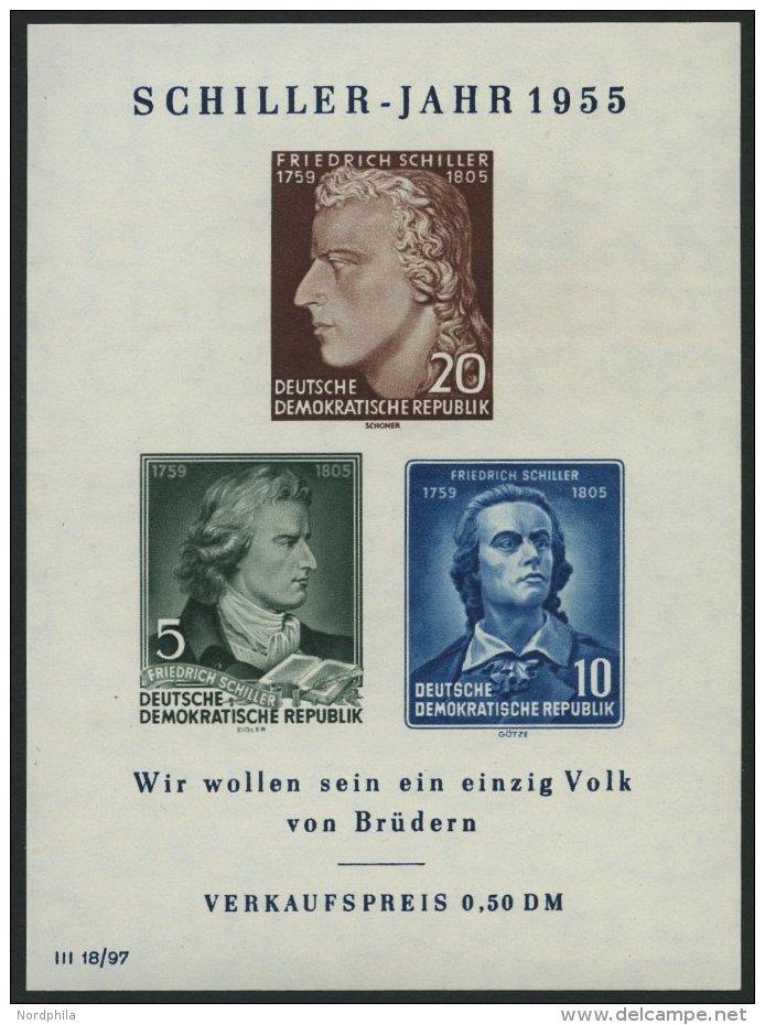 DDR Bl. 12IV **, 1955, Block Schiller Mit Abart Vorgezogener Fu&szlig;strich Bei J, Pracht, Mi. 60.- - Gebraucht