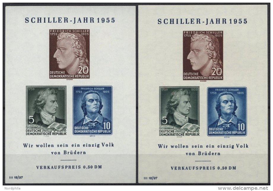 DDR Bl. 12IV **, 1955, Block Schiller Mit Abart Vorgezogener Fu&szlig;strich Bei J, Beide Wz., 2 Prachtblocks - Gebraucht