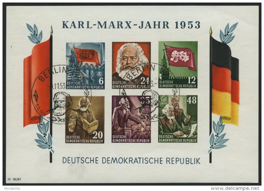 DDR Bl. 8BYI O, 1953, Marx-Block, Ungez&auml;hnt, Wz. 2YI, Sonderstempel, Pracht, Gepr. Tichatzky, Mi. 150.- - Used Stamps
