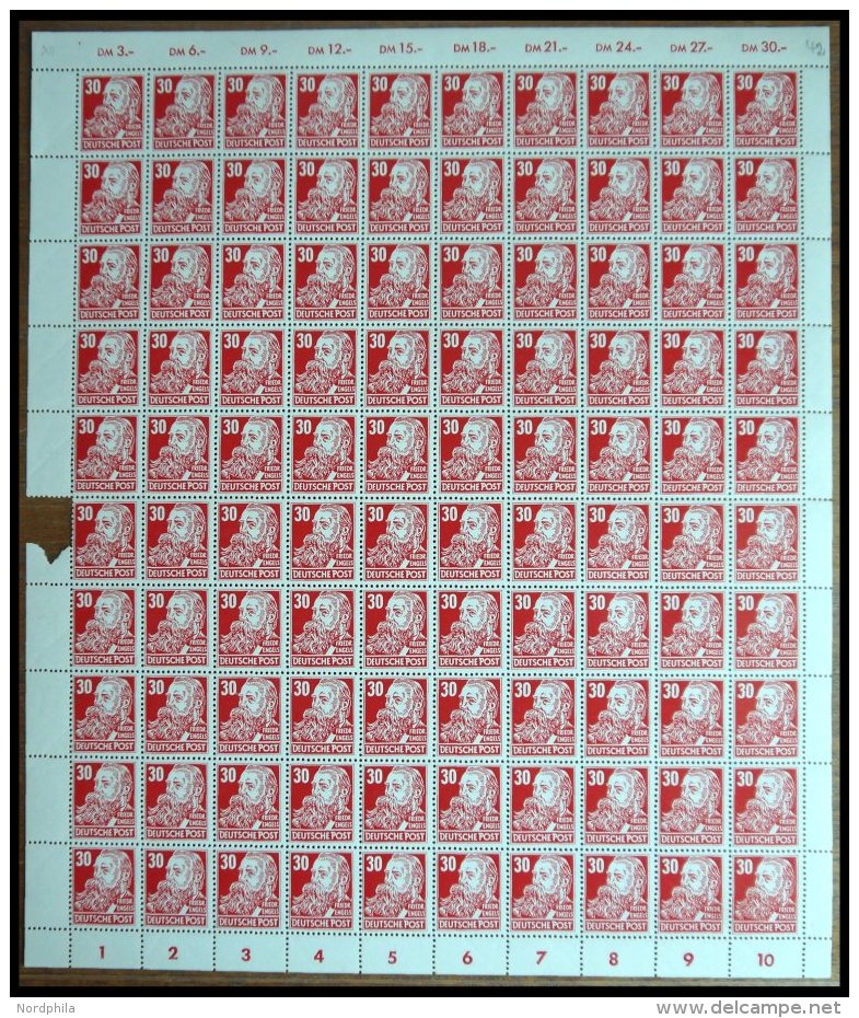DDR 335vaXII **, 1953, 30 Pf. Rot Engels, Gestrichenes Papier, Wz. 2XII, Im Bogen (100), Mittig Etwas Angetrennt, Pracht - Gebraucht