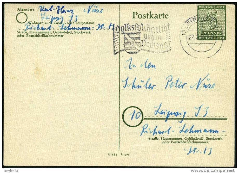 WEST-SACHSEN P 16 BRIEF, 1945, 5 Pf. Gr&uuml;n Auf Ortskarte, Stempel LEIPZIG VOLKSSOLIDARIT&Auml;T GEGEN VOLKSNOT, Fein - Sonstige & Ohne Zuordnung