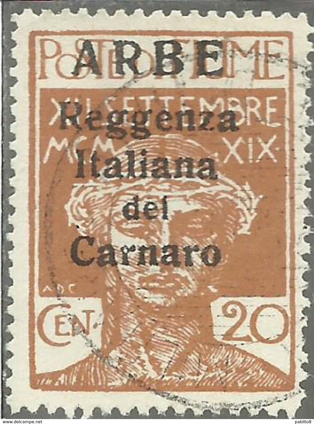 ARBE 1920 REGGENZA ITALIANA DEL CARNARO CENT. 20 C USATO USED OBLITERE´ - Arbe & Veglia