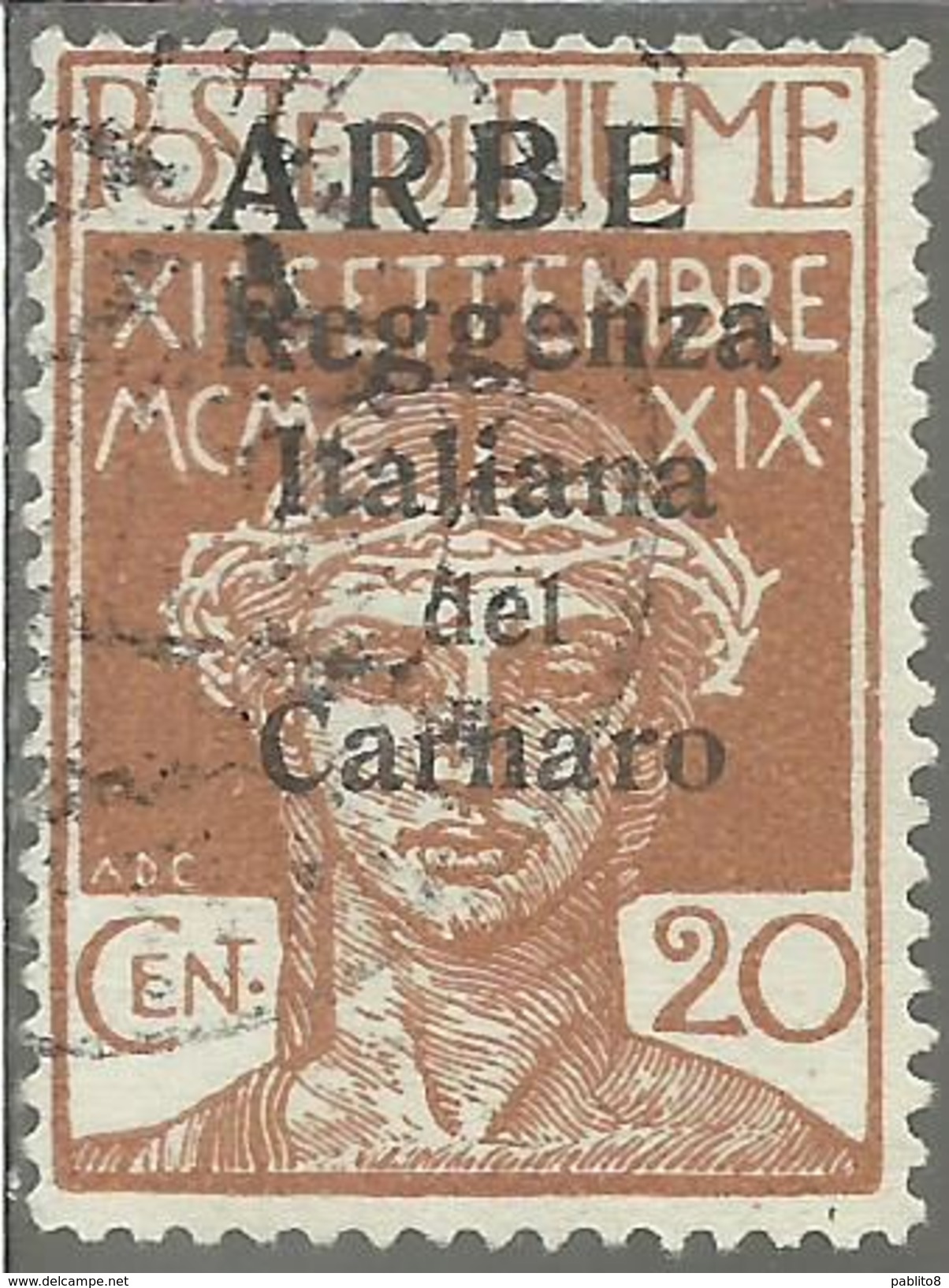 ARBE 1920 REGGENZA ITALIANA DEL CARNARO CENT. 20 C USATO USED OBLITERE´ - Arbe & Veglia